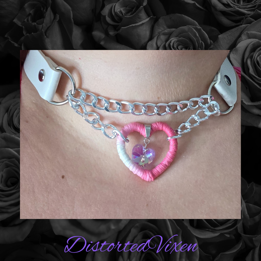 Pink & White Heart Choker Wrapped Fiber Heart with Crystal Charm - Picture 8 of 9